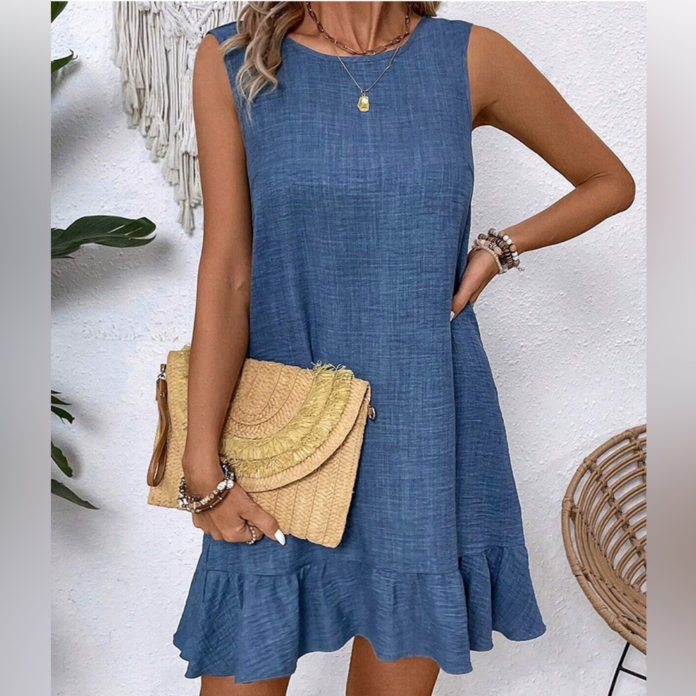 Elegant Blue Ruffle Hem Mini Dress - Picture 2 of 5